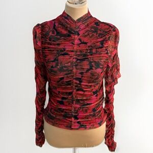Bagatelle Rose Print Rusched Mesh Sleeve Top Size Small Whimsigoth Dark Romantic